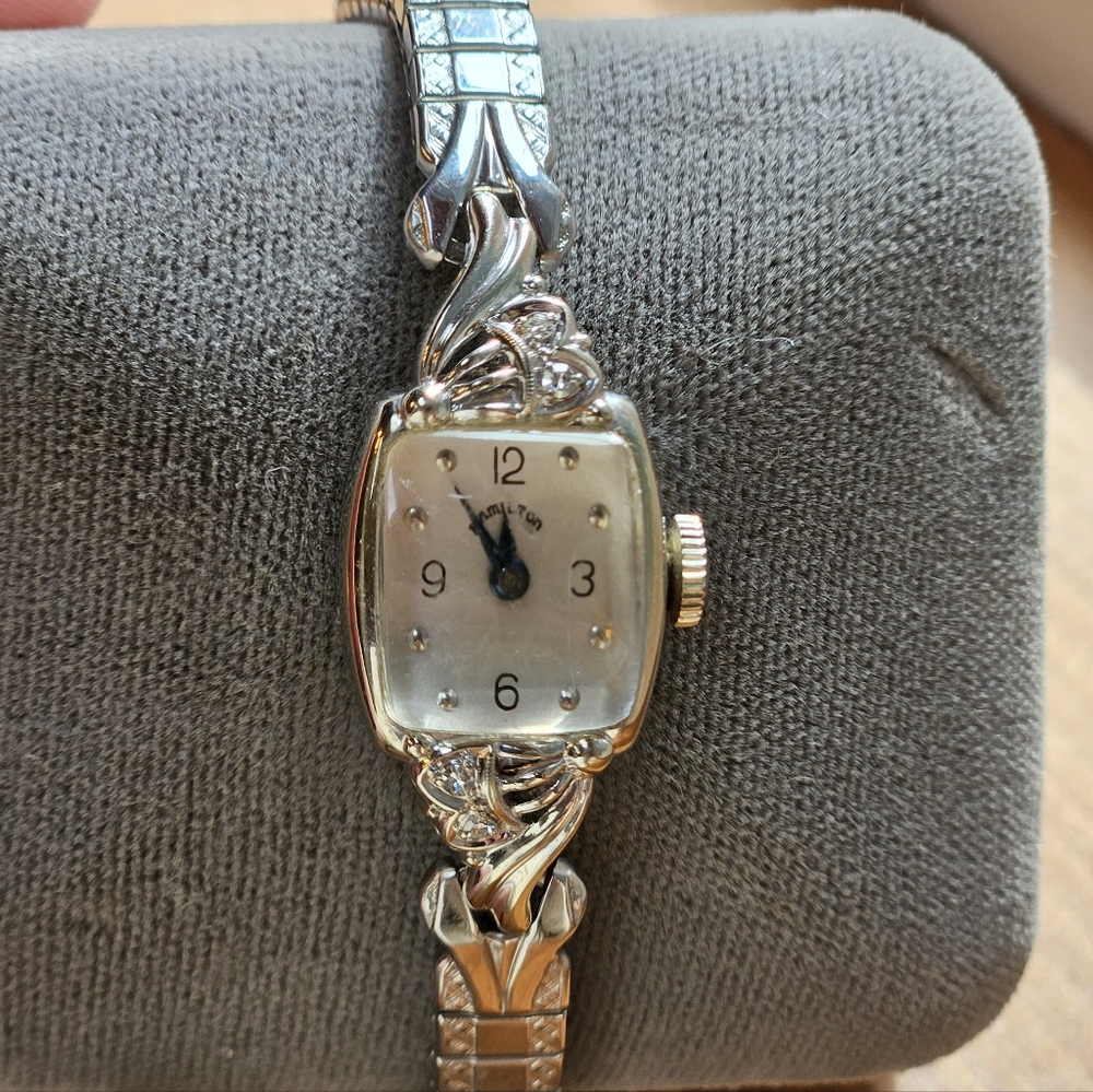 Hamilton Vtg Art Deco 14K White Gold And Diamond Accent Cocktail Watch - Picture 3 of 11